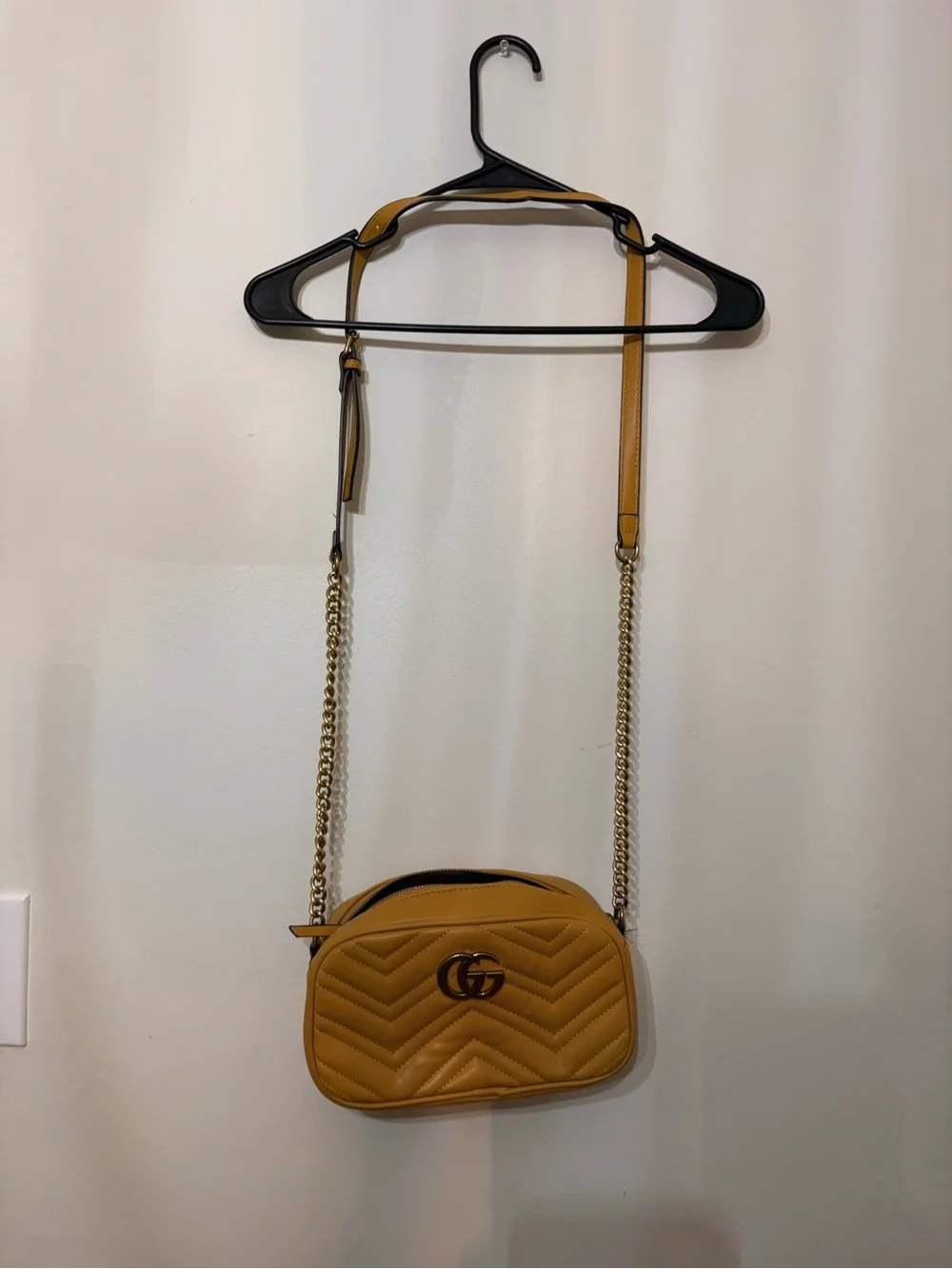 GG Chevron Quilted Mustard Crossbody Bag with Chain Strap